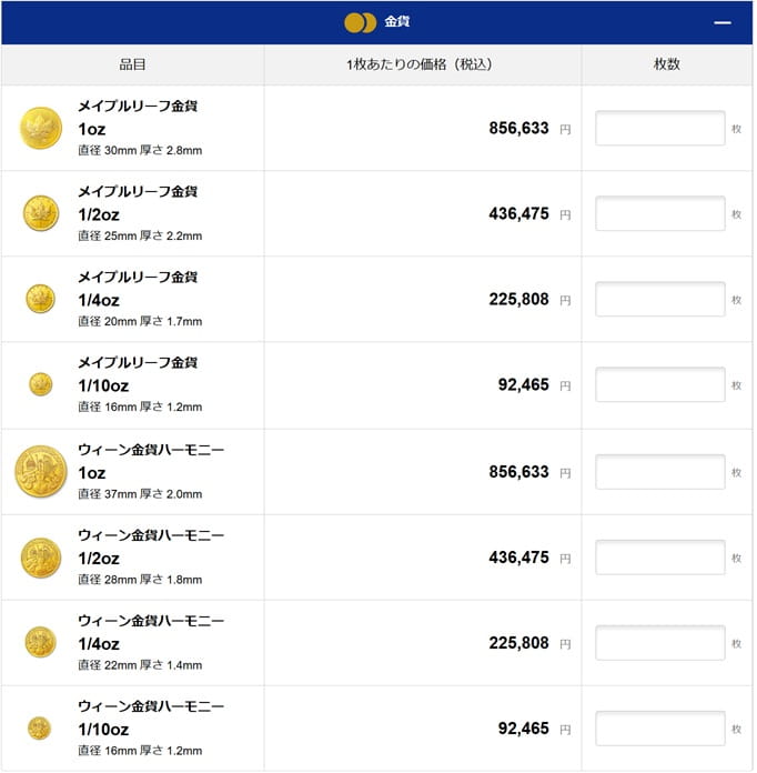 田中貴金属総合口座金貨メニュー